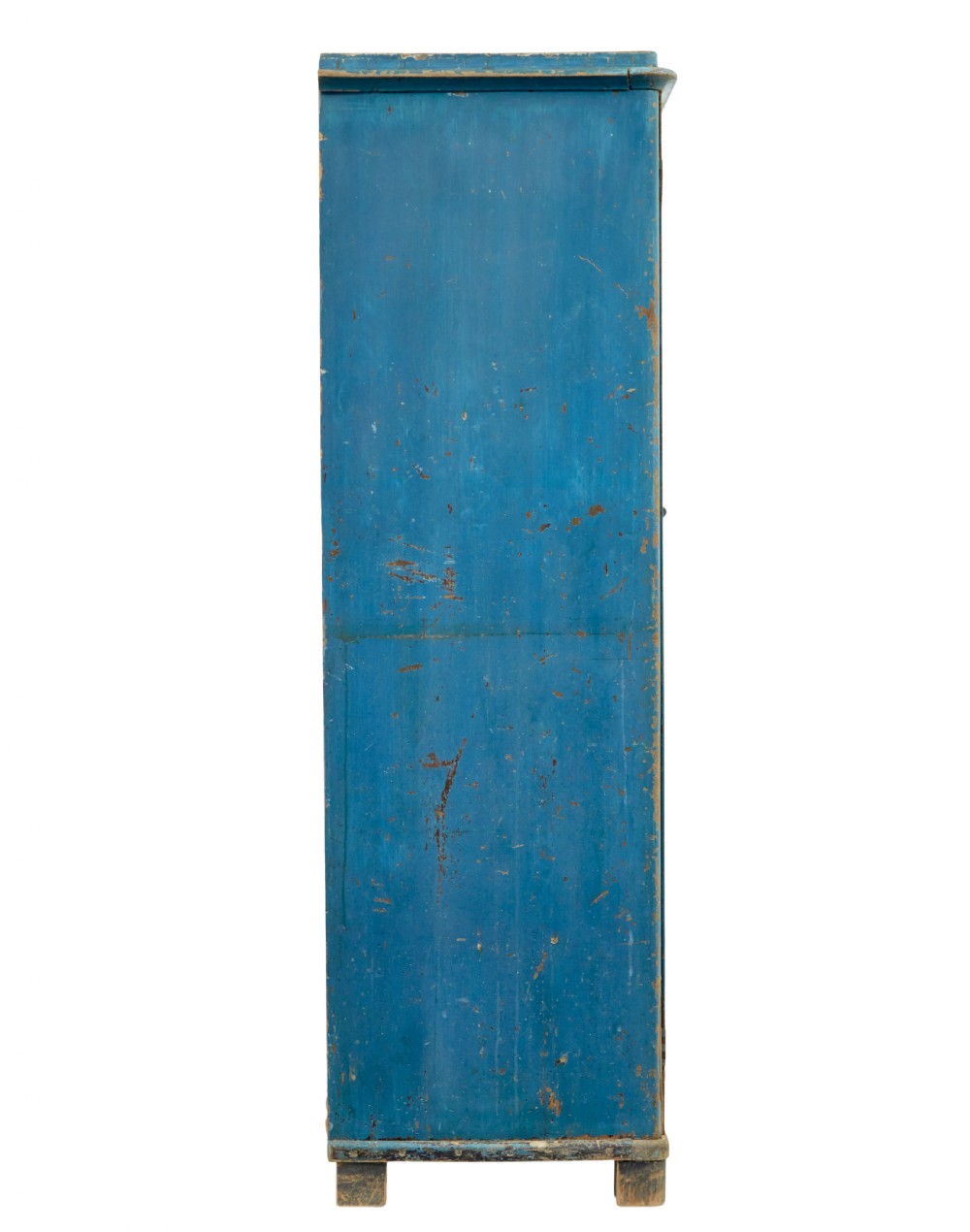 A mid-19th-century Scandinavian pine cupboard featuring distressed blue paint, two panelled doors with painted floral motifs, and short block feet. View IV