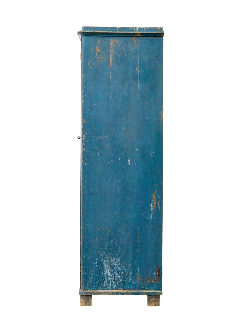 A mid-19th-century Scandinavian pine cupboard featuring distressed blue paint, two panelled doors with painted floral motifs, and short block feet. View VI