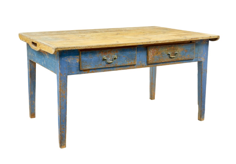 A 19th-century Scandinavian bakers table featuring a distressed blue painted base, two front drawers with brass drop handles, and an unpainted pine top with raised side lips.