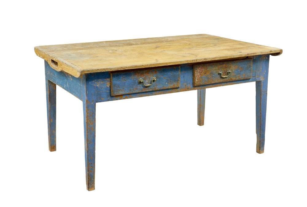 A 19th-century Scandinavian bakers table featuring a distressed blue painted base, two front drawers with brass drop handles, and an unpainted pine top with raised side lips. View II