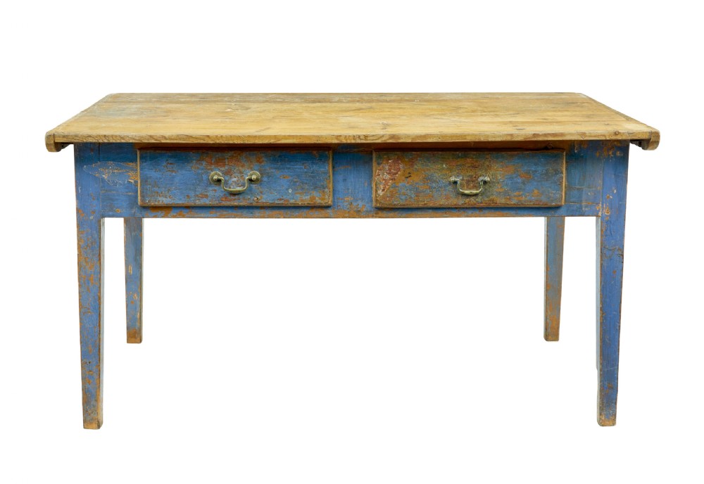 A 19th-century Scandinavian bakers table featuring a distressed blue painted base, two front drawers with brass drop handles, and an unpainted pine top with raised side lips. View III