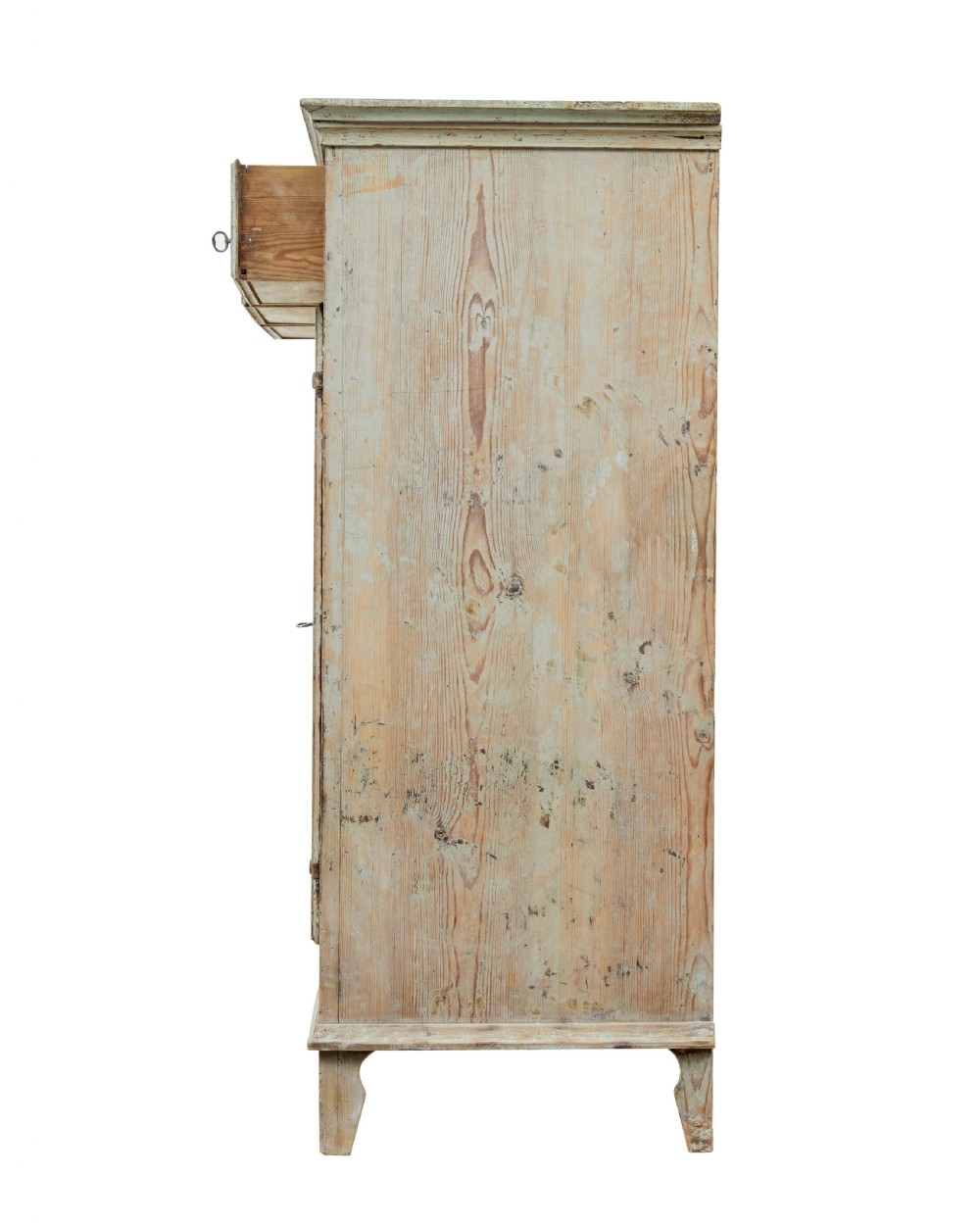 A nineteenth-century Swedish pine cabinet featuring a scraped pale blue painted finish, three top drawers, two panelled cupboard doors, and iron escutcheons. View V