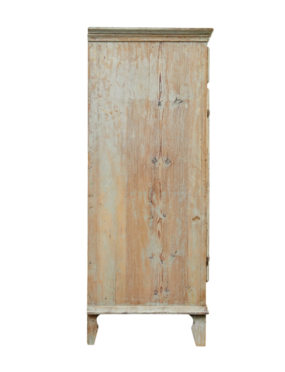 A nineteenth-century Swedish pine cabinet featuring a scraped pale blue painted finish, three top drawers, two panelled cupboard doors, and iron escutcheons. View VII