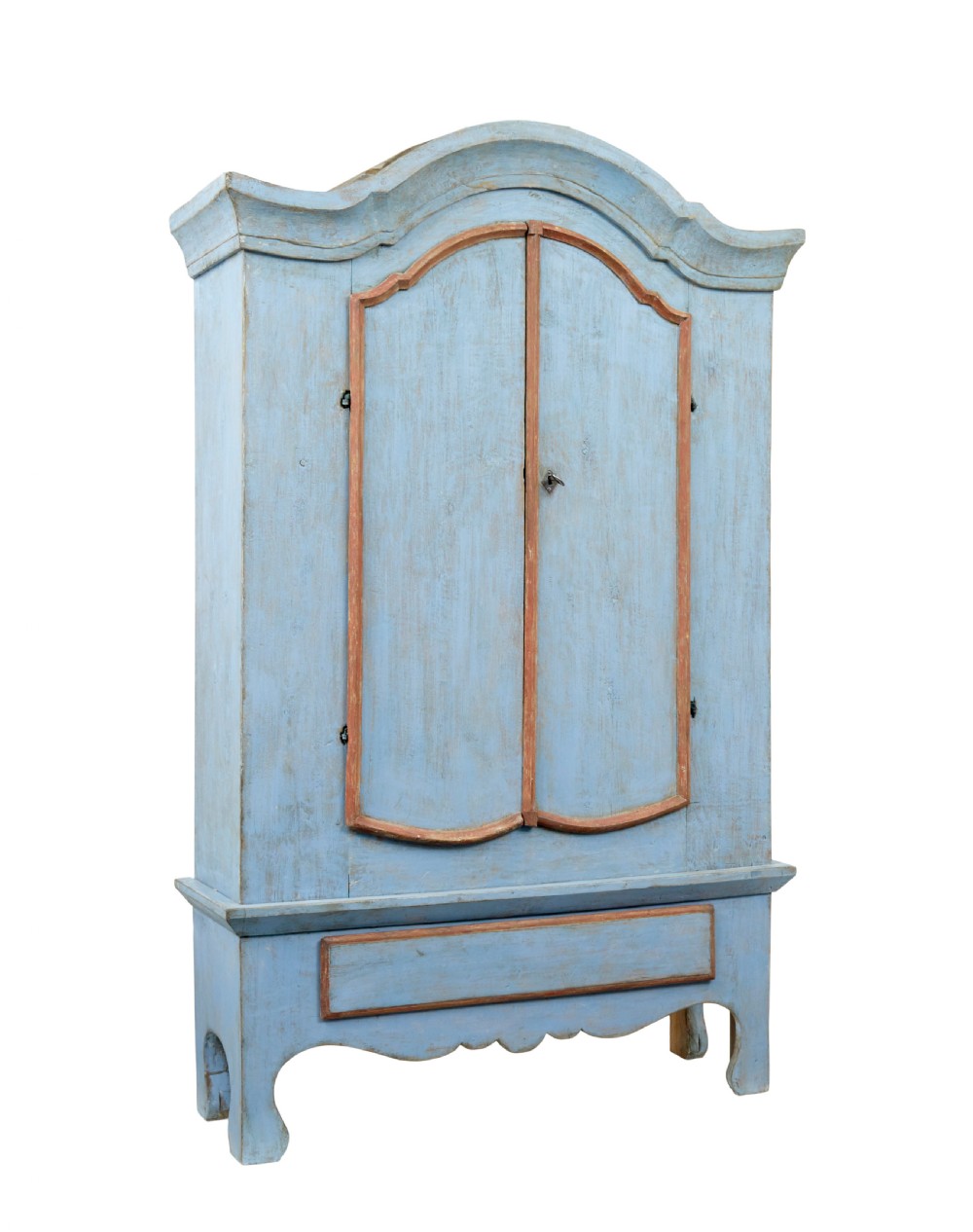 A nineteenth-century Swedish painted pine cupboard on stand, finished in light blue paint with red-trimmed panel doors and a lower drawer.