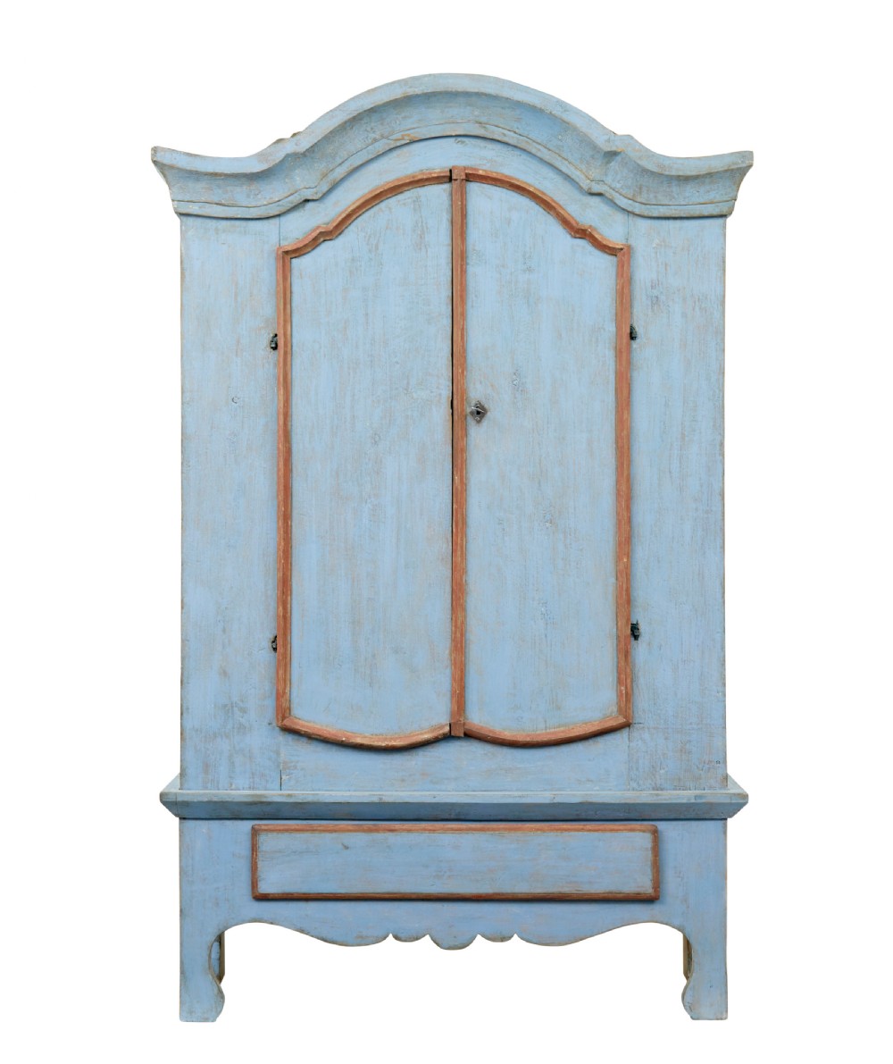 A nineteenth-century Swedish painted pine cupboard on stand, finished in light blue paint with red-trimmed panel doors and a lower drawer. View II