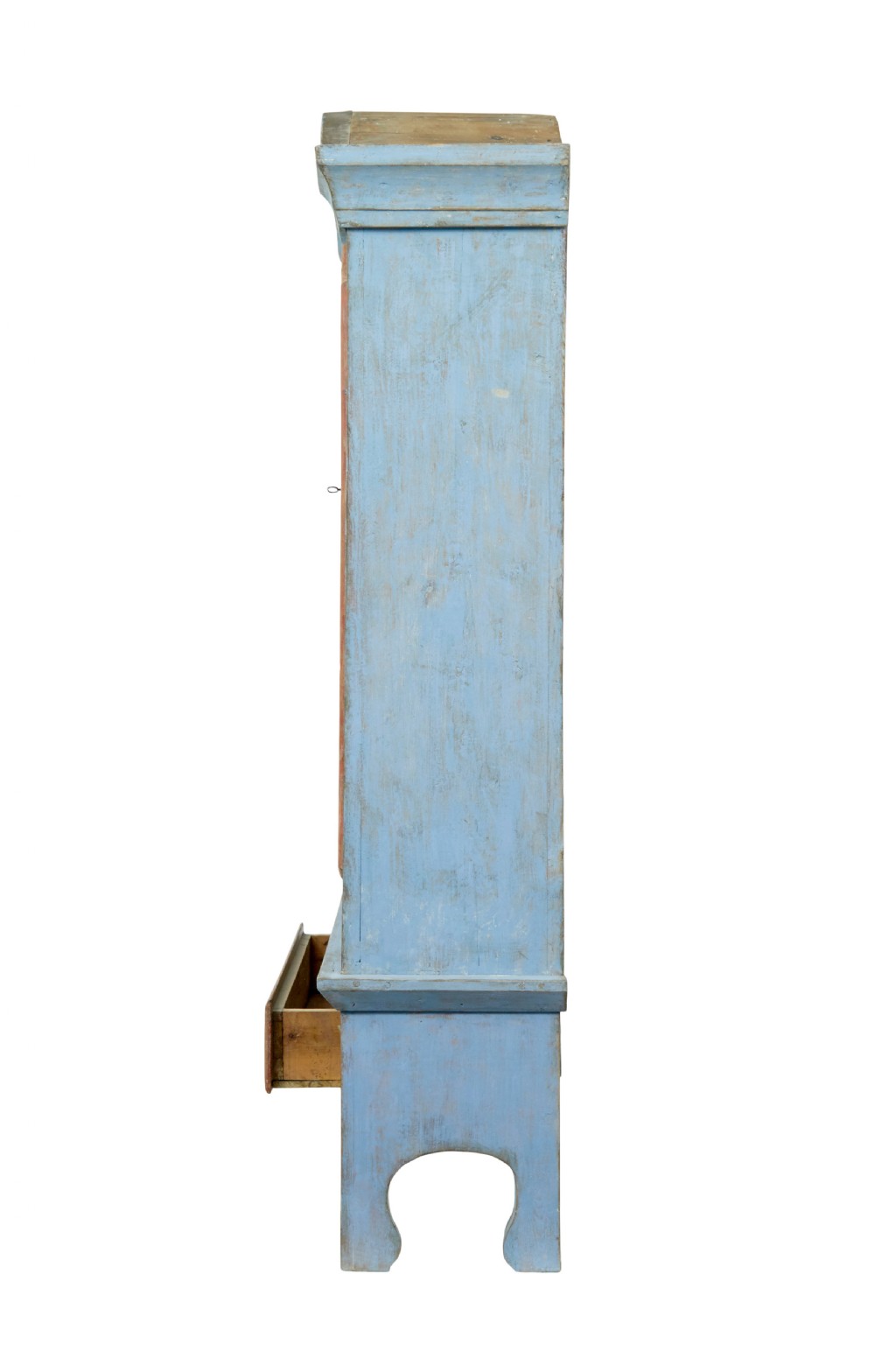 A nineteenth-century Swedish painted pine cupboard on stand, finished in light blue paint with red-trimmed panel doors and a lower drawer. View IV
