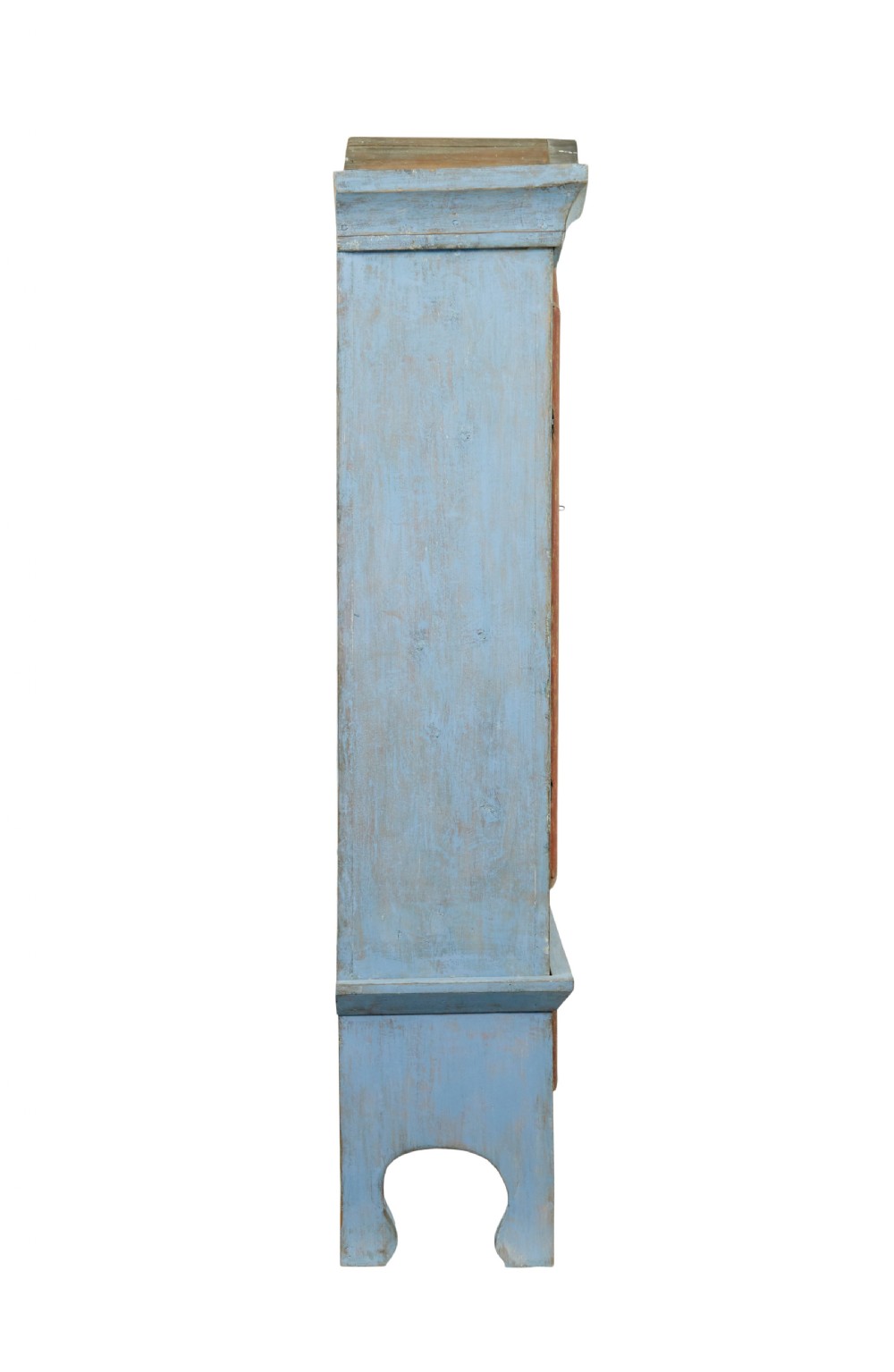 A nineteenth-century Swedish painted pine cupboard on stand, finished in light blue paint with red-trimmed panel doors and a lower drawer. View VI