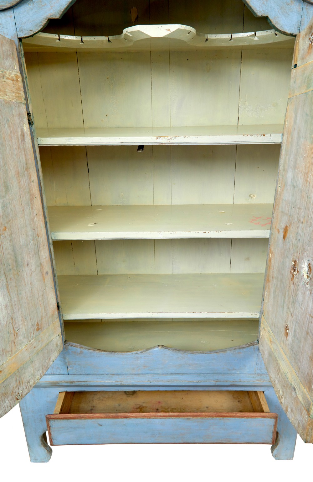 A nineteenth-century Swedish painted pine cupboard on stand, finished in light blue paint with red-trimmed panel doors and a lower drawer. View IX