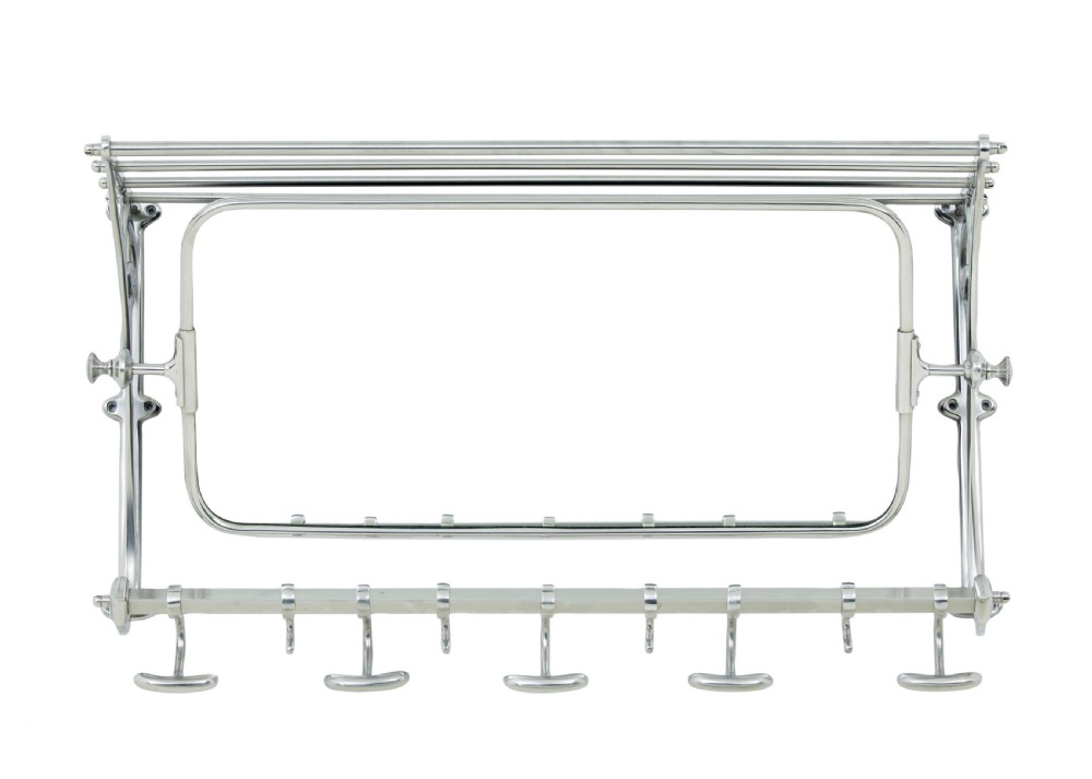 An early 20th-century chromed metal wall rack featuring a central tilting rectangular mirror, a top tubular shelf, and five lower double coat hooks.