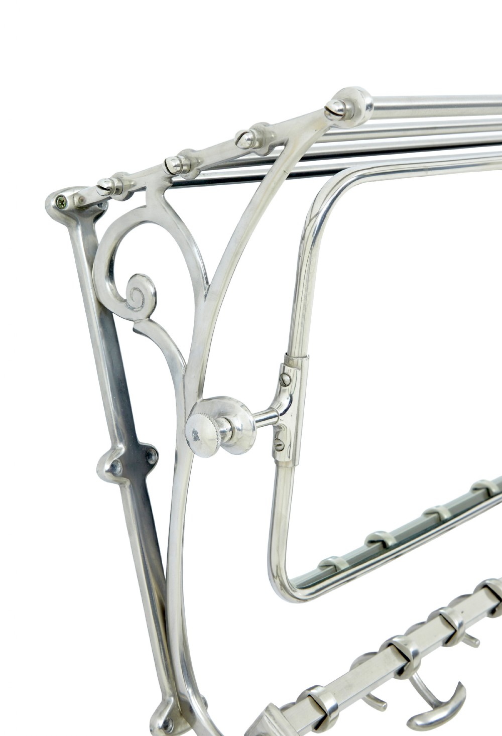 An early 20th-century chromed metal wall rack featuring a central tilting rectangular mirror, a top tubular shelf, and five lower double coat hooks. View III