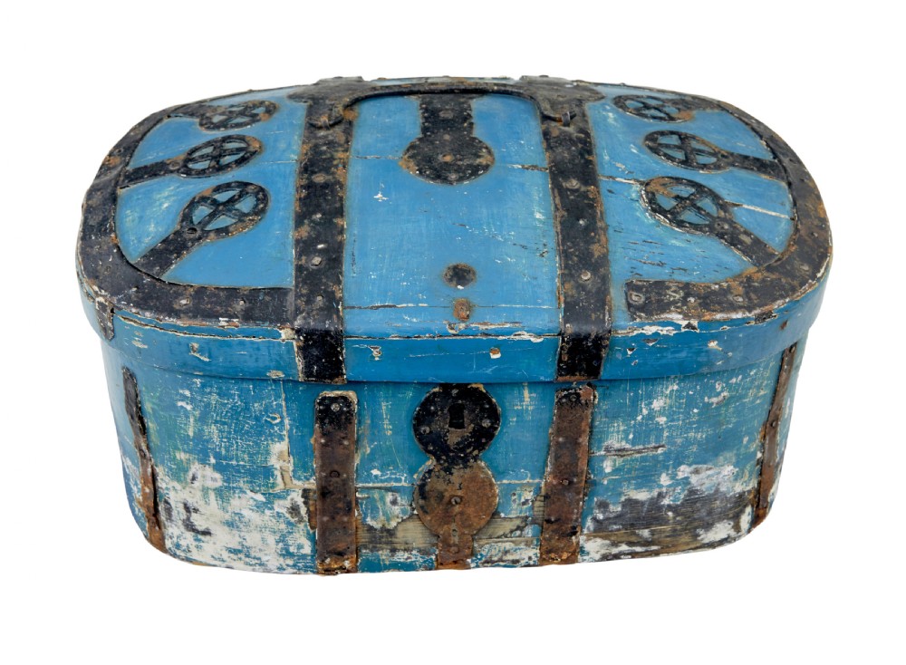 A 19th-century oval wooden strong box featuring distressed blue paint, hand-forged black iron straps, and a central keyhole escutcheon. View II