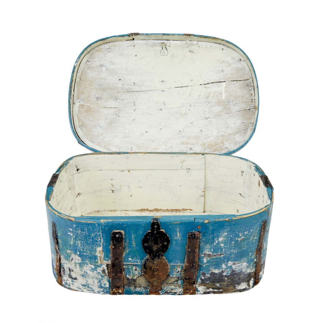 A 19th-century oval wooden strong box featuring distressed blue paint, hand-forged black iron straps, and a central keyhole escutcheon. View III