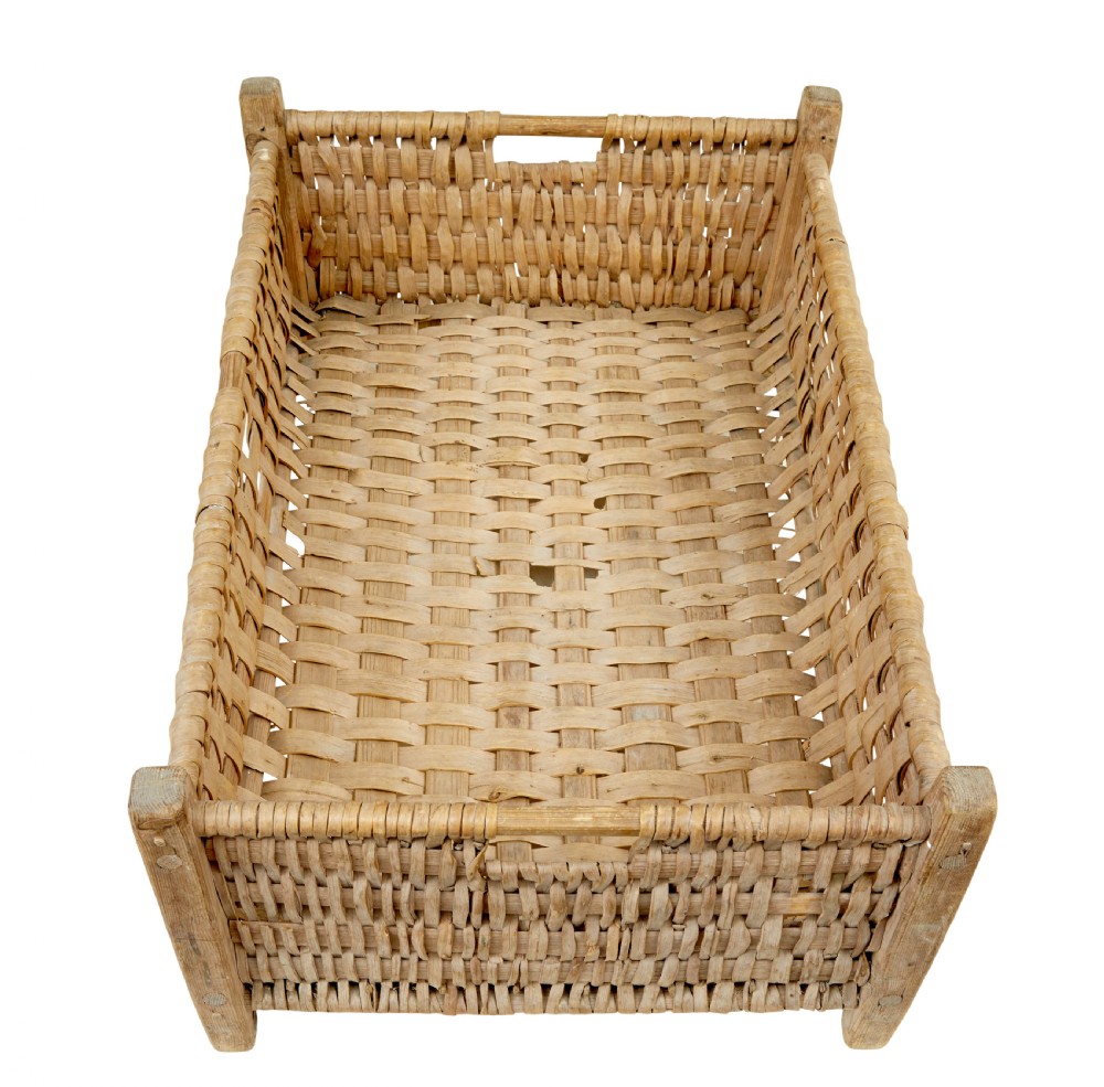A rectangular hand-woven pine splint basket featuring four raised wooden corner posts and woven timber strips. View II