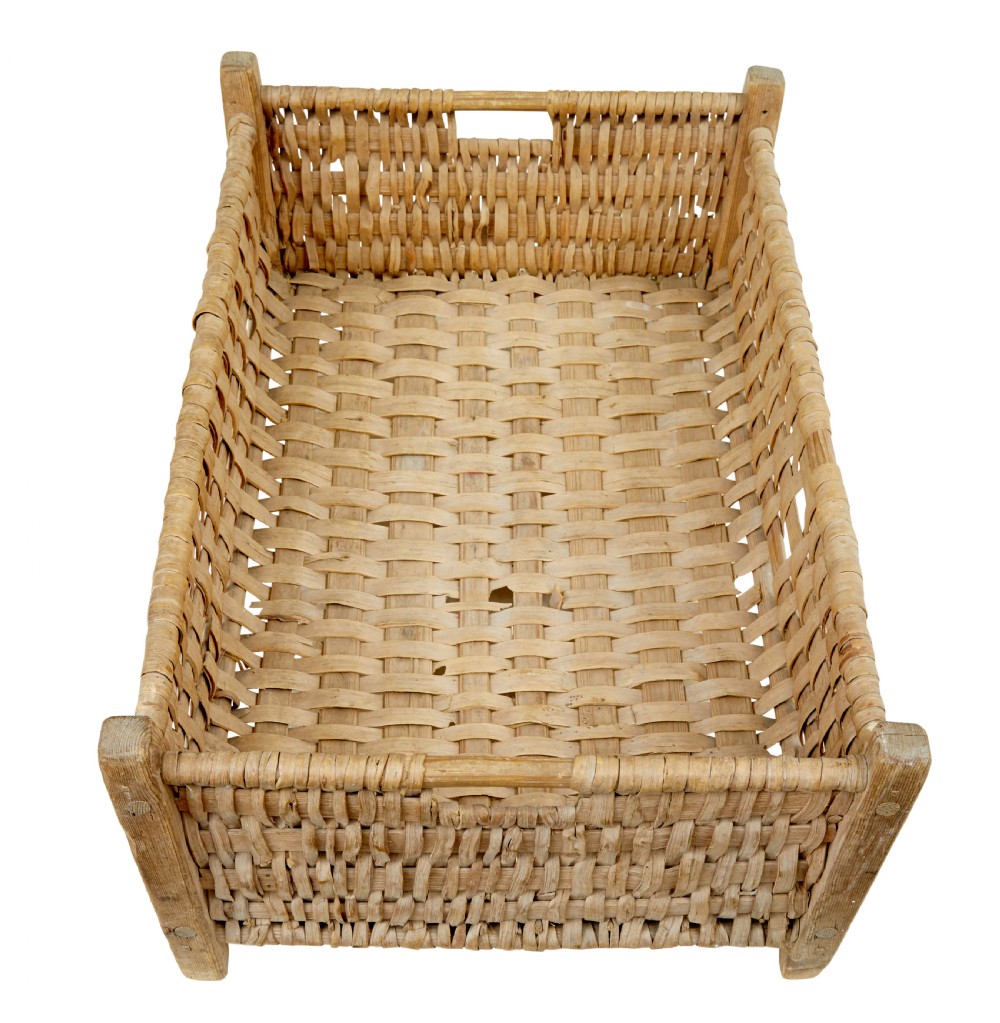 A rectangular hand-woven pine splint basket featuring four raised wooden corner posts and woven timber strips. View III