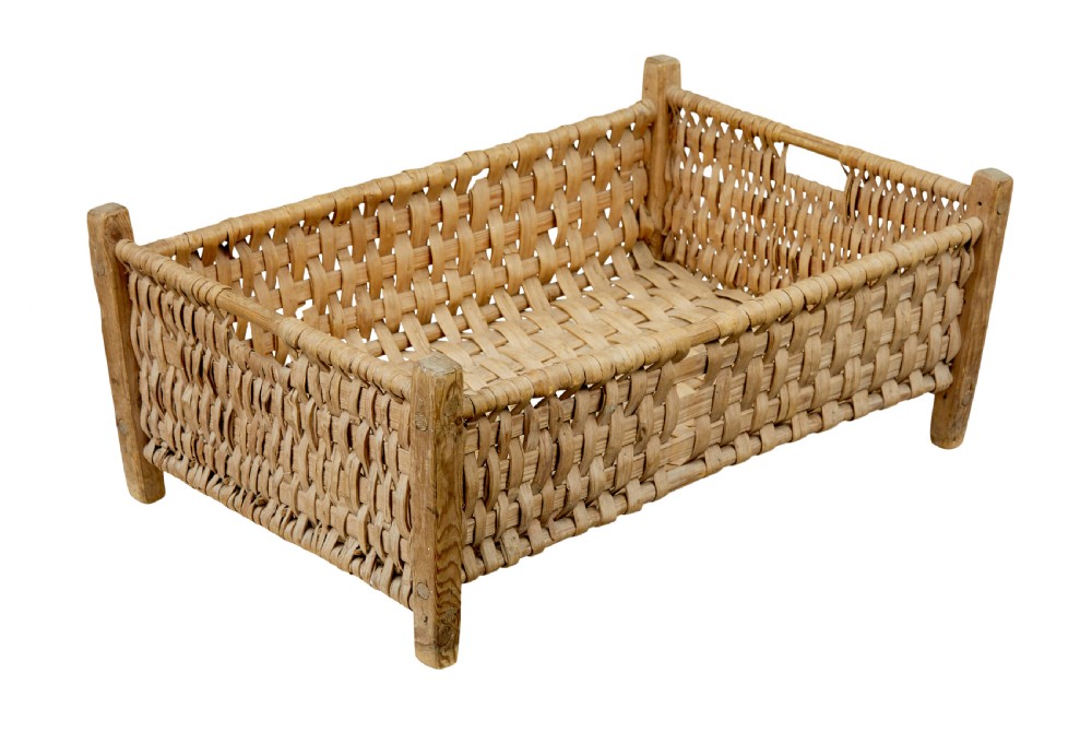 A rectangular hand-woven pine splint basket featuring four raised wooden corner posts and woven timber strips. View IV