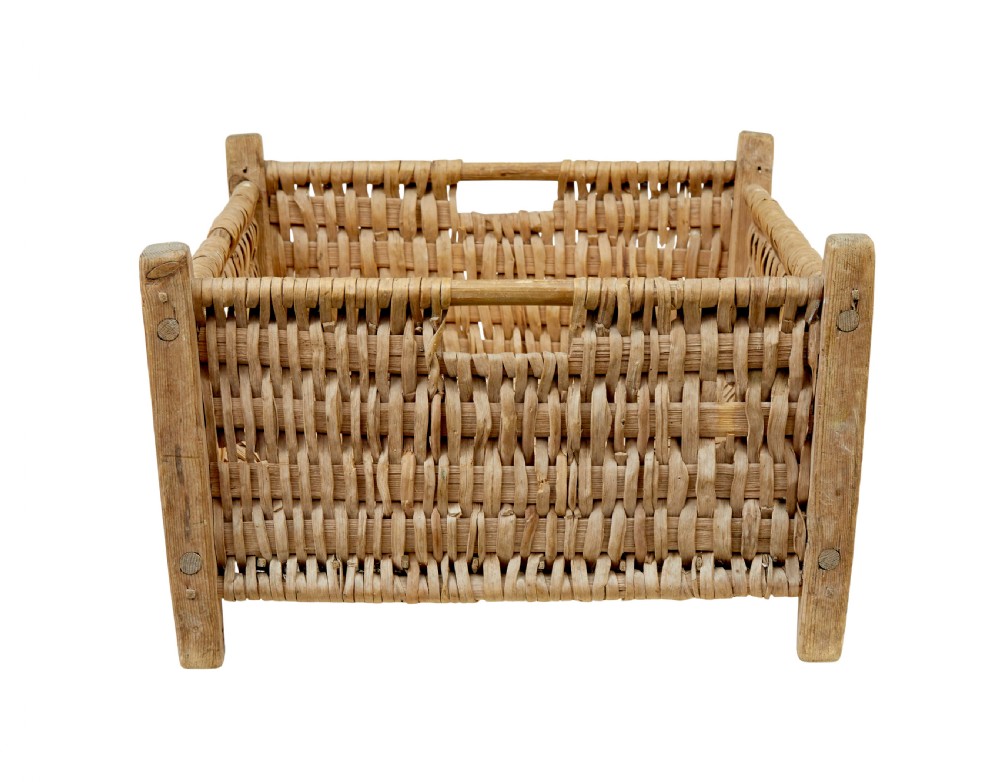 A rectangular hand-woven pine splint basket featuring four raised wooden corner posts and woven timber strips. View VI