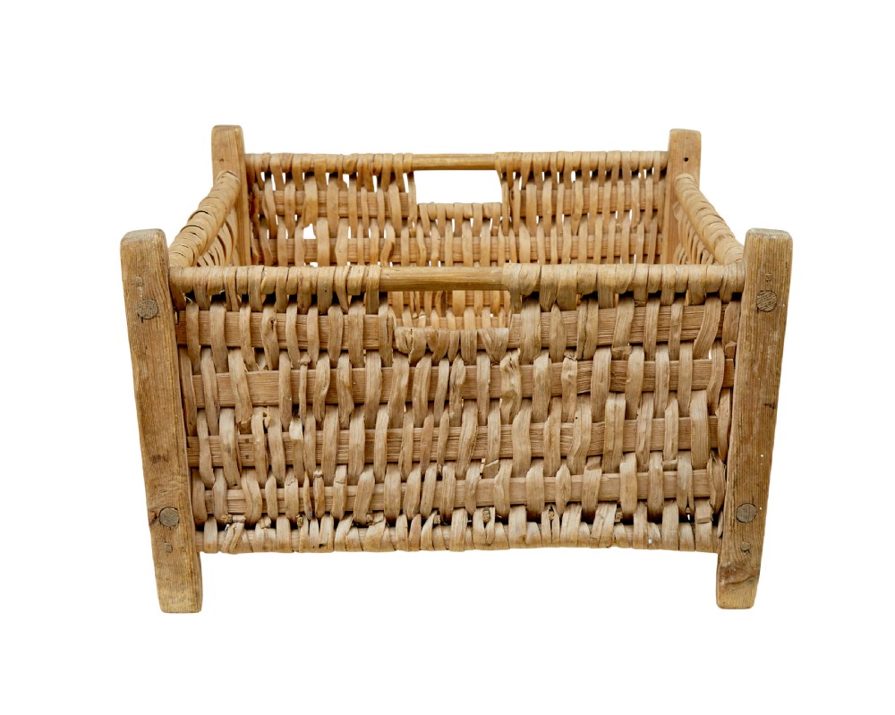 A rectangular hand-woven pine splint basket featuring four raised wooden corner posts and woven timber strips. View VII