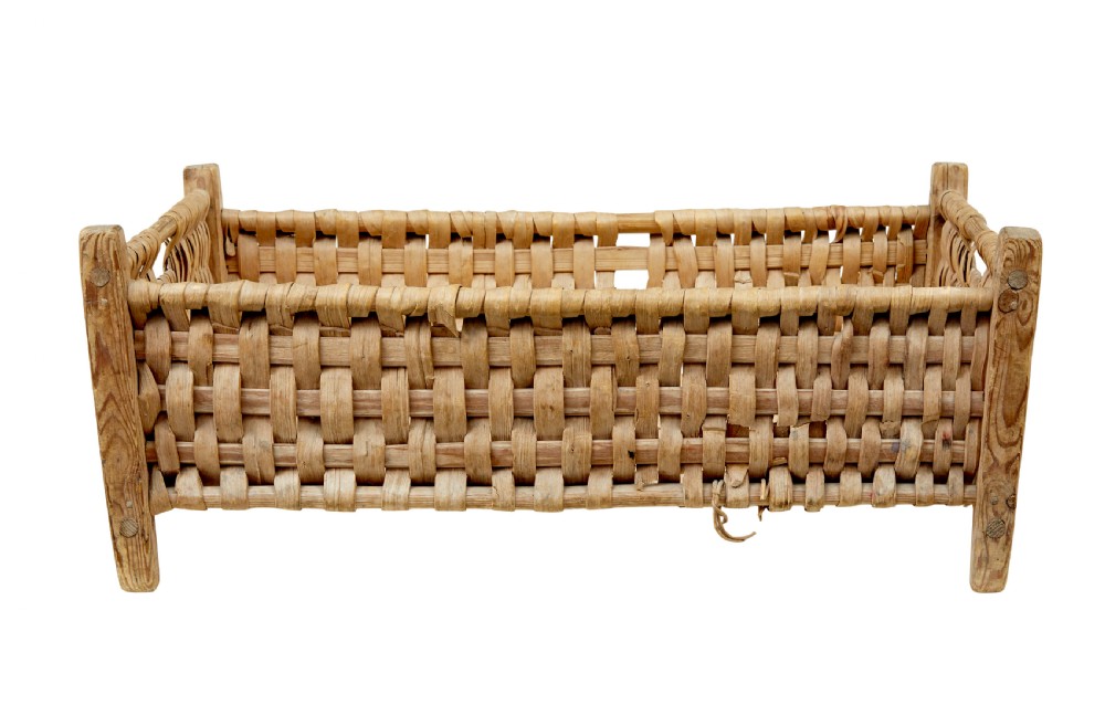 A rectangular hand-woven pine splint basket featuring four raised wooden corner posts and woven timber strips. View VIII