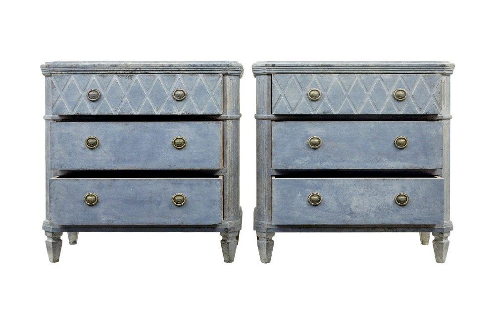 A pair of 19th-century Swedish Gustavian influenced three-drawer chests of drawers with a muted grey-blue painted finish and brass ring handles. View III