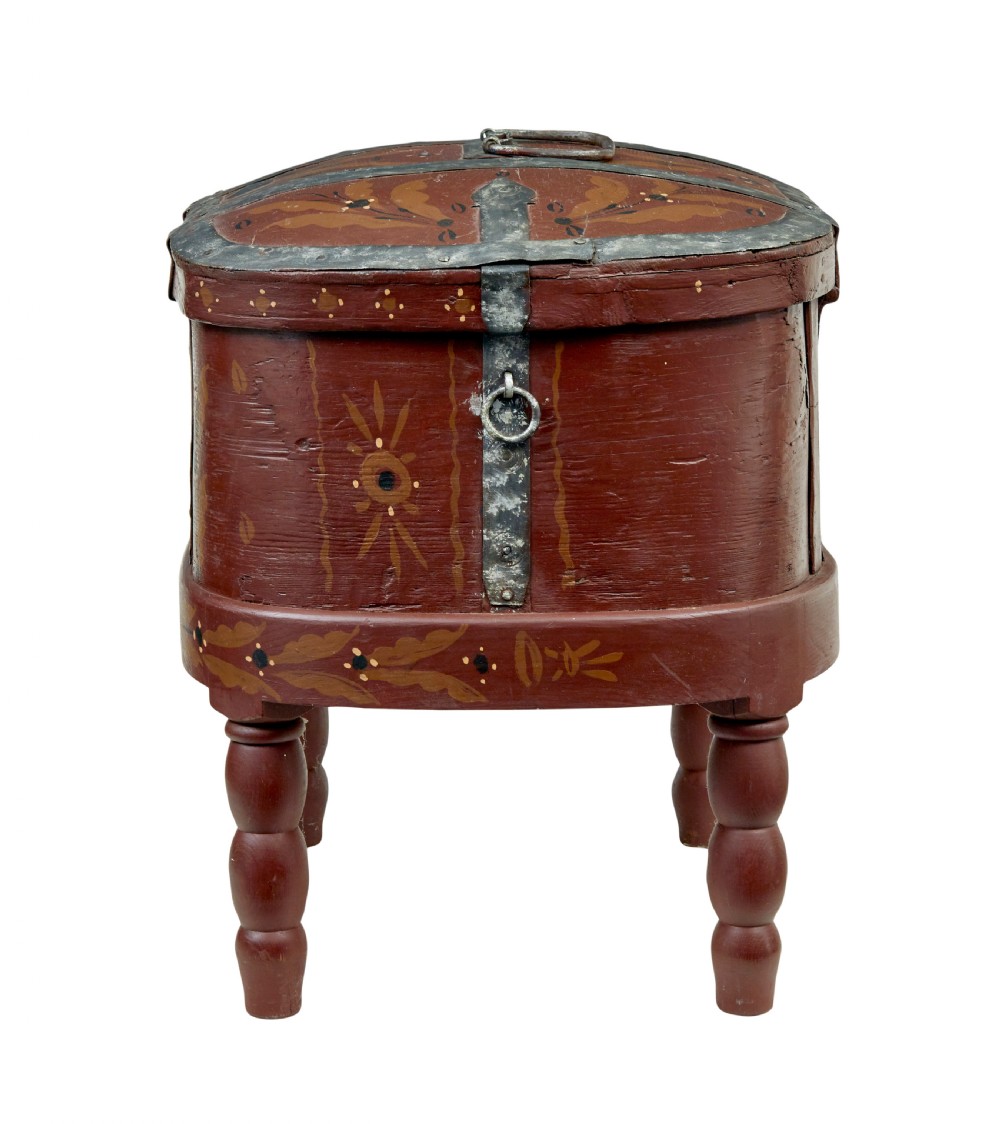 A Swedish folk art painted wooden coffer on turned legs, decorated with red paint, floral motifs, iron straps, and a painted 1827 date. View IV
