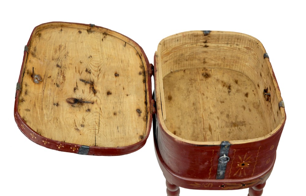 A Swedish folk art painted wooden coffer on turned legs, decorated with red paint, floral motifs, iron straps, and a painted 1827 date. View VIII