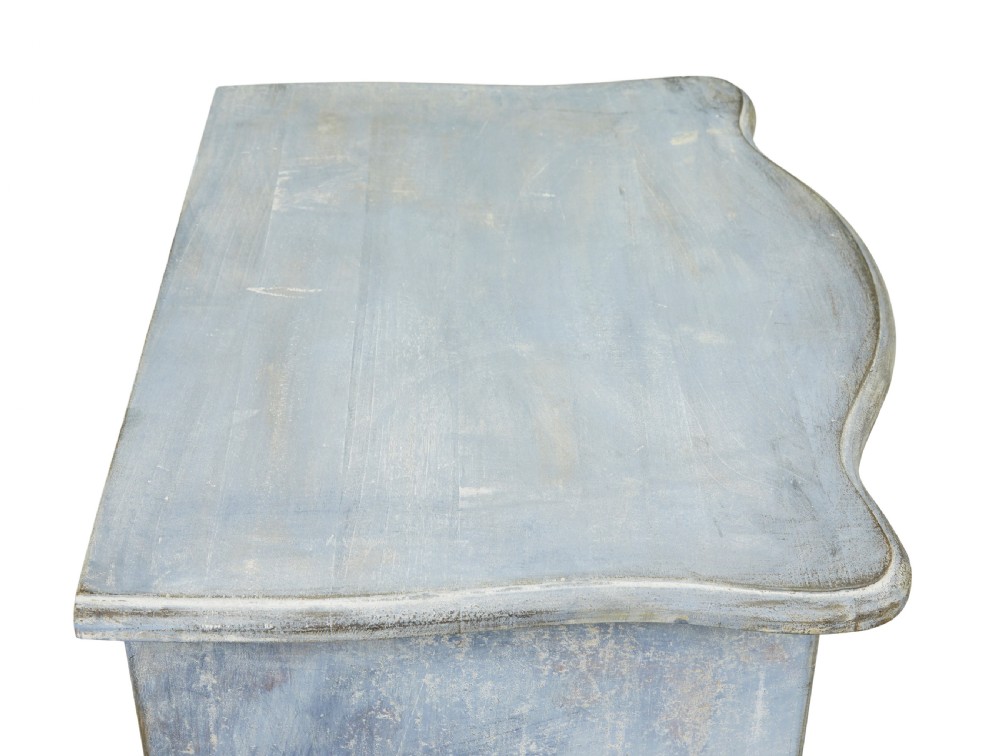 A pair of 19th-century Swedish three-drawer commodes featuring distressed pale blue painted finishes, cabriole legs, and brass hardware. View II