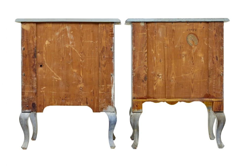 A pair of 19th-century Swedish three-drawer commodes featuring distressed pale blue painted finishes, cabriole legs, and brass hardware. View VIII