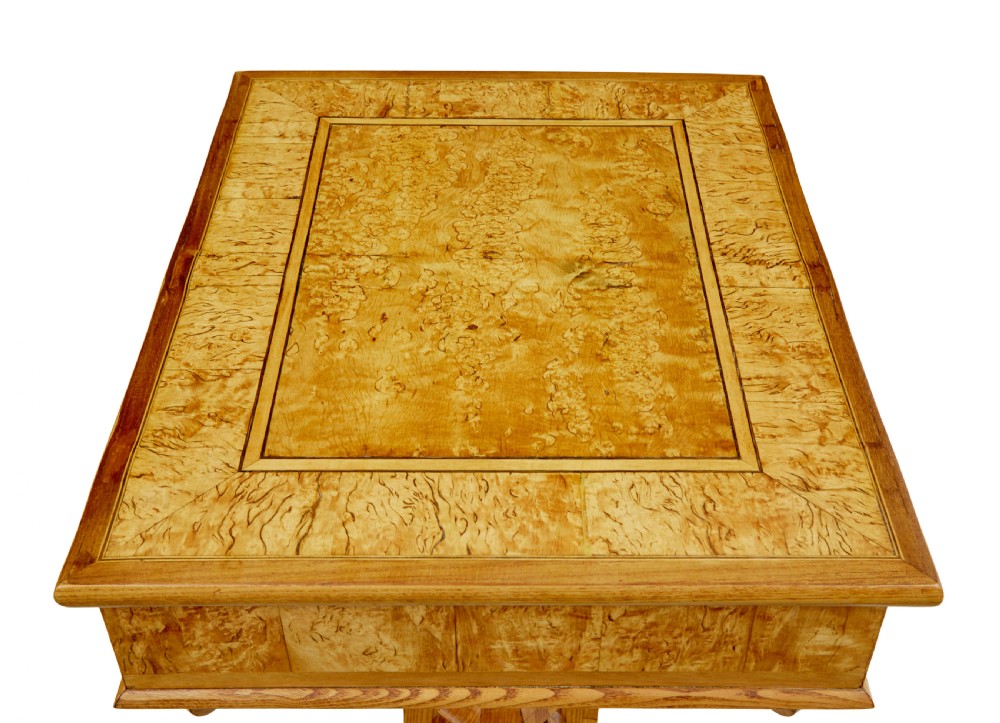 A 19th-century Scandinavian occasional table made of burr birch and elm with a single drawer, S-curved supports, a turned central pedestal, and a four-footed base. View XI