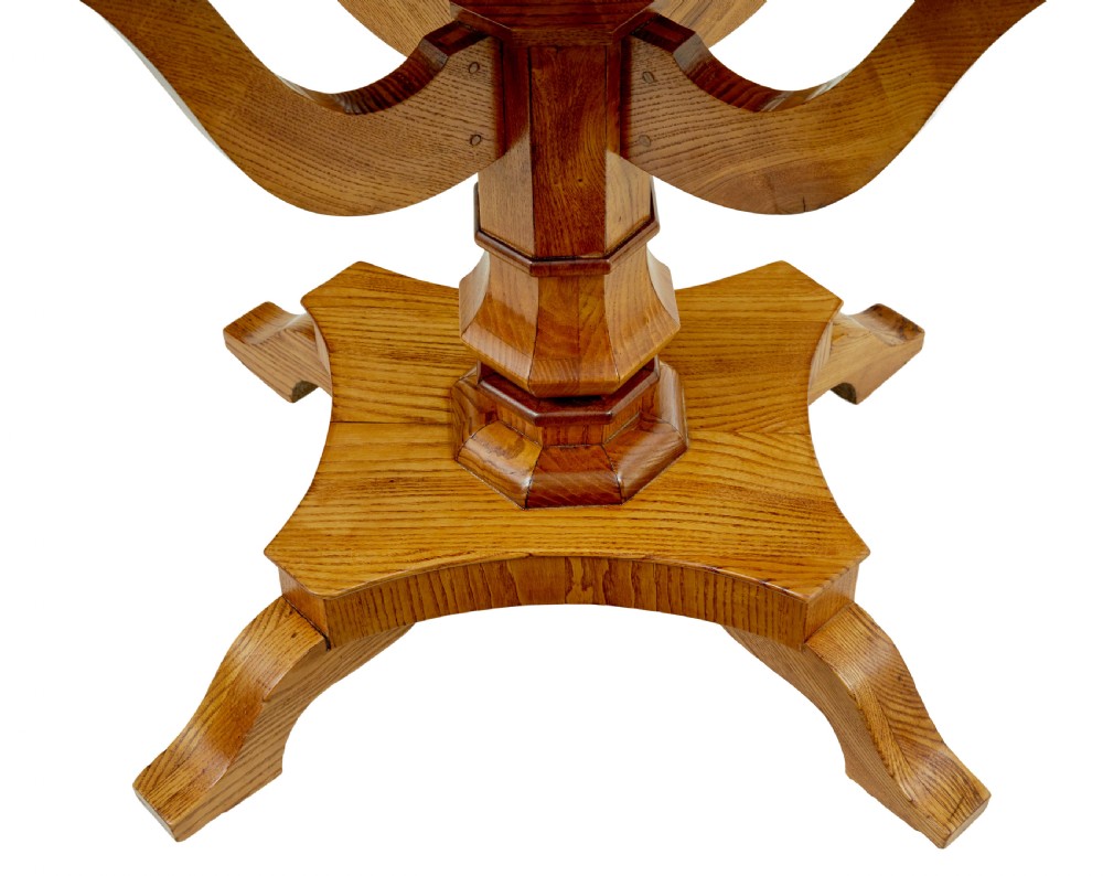 A 19th-century Scandinavian occasional table made of burr birch and elm with a single drawer, S-curved supports, a turned central pedestal, and a four-footed base. View XIII