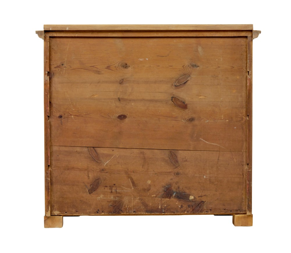 A 19th-century Swedish Biedermeier chest of drawers crafted from flame birch veneer with four horizontal drawer fronts, metal escutcheons, and square block feet. View VIII
