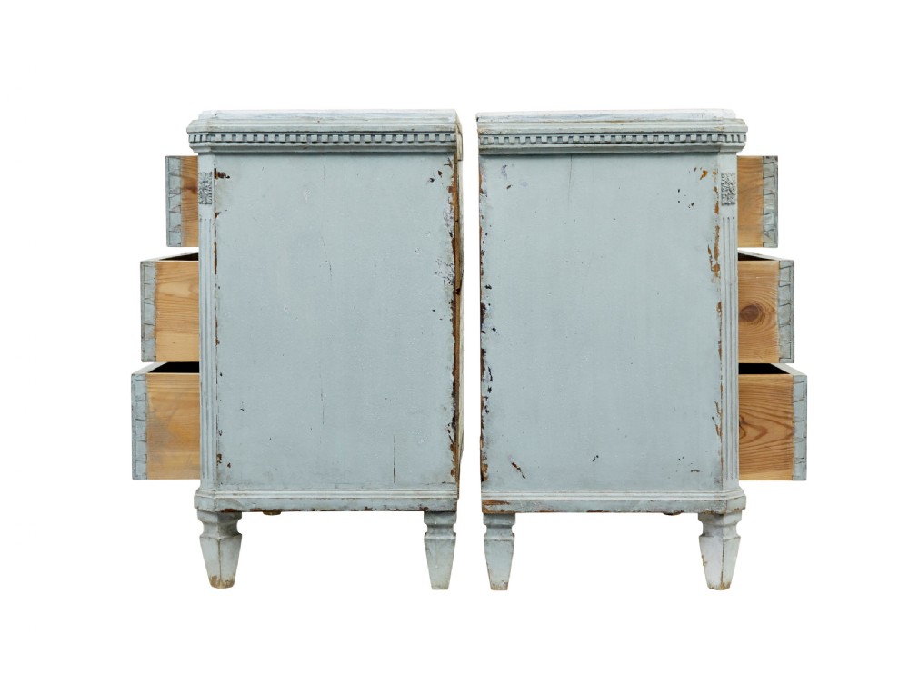 A pair of 19th-century pale blue-grey painted chests of drawers with three drawers each, brass ring handles, fluted corners, and faux marble tops. View III