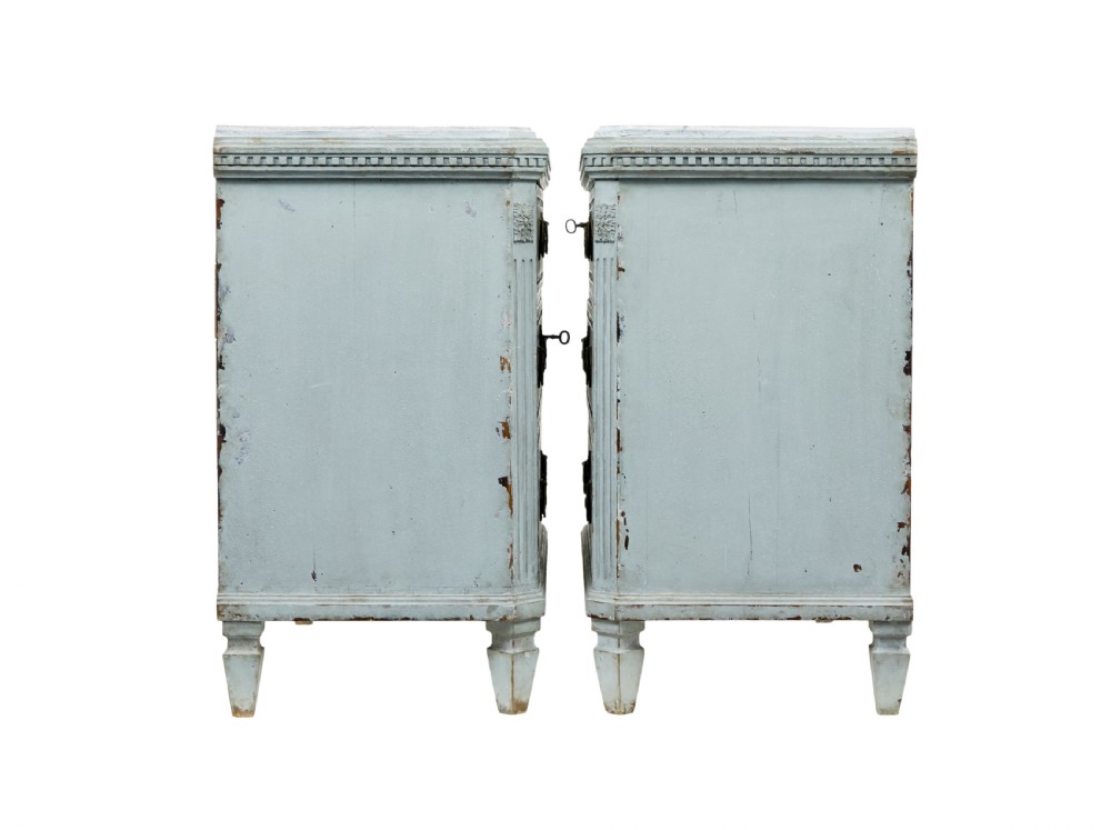 A pair of 19th-century pale blue-grey painted chests of drawers with three drawers each, brass ring handles, fluted corners, and faux marble tops. View IV