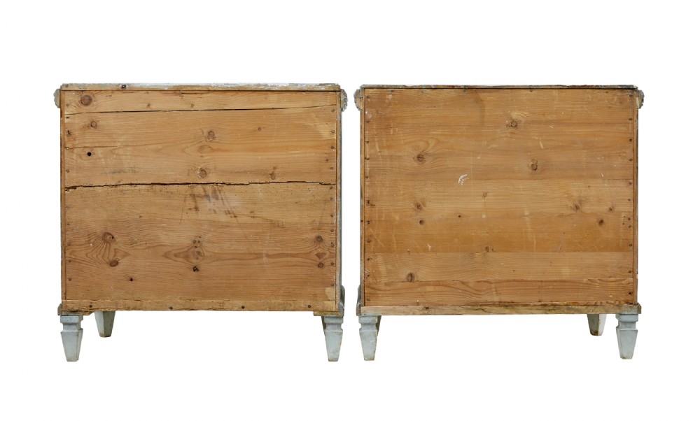 A pair of 19th-century pale blue-grey painted chests of drawers with three drawers each, brass ring handles, fluted corners, and faux marble tops. View V