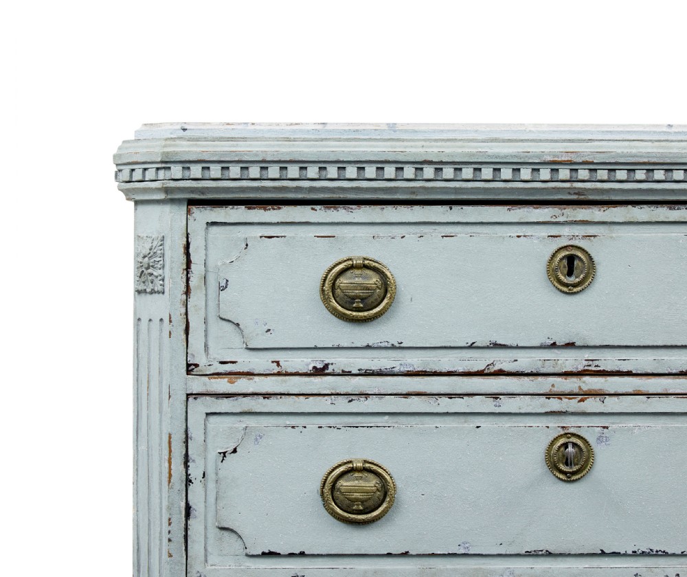 A pair of 19th-century pale blue-grey painted chests of drawers with three drawers each, brass ring handles, fluted corners, and faux marble tops. View VI