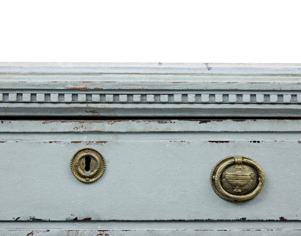 A pair of 19th-century pale blue-grey painted chests of drawers with three drawers each, brass ring handles, fluted corners, and faux marble tops. View VII