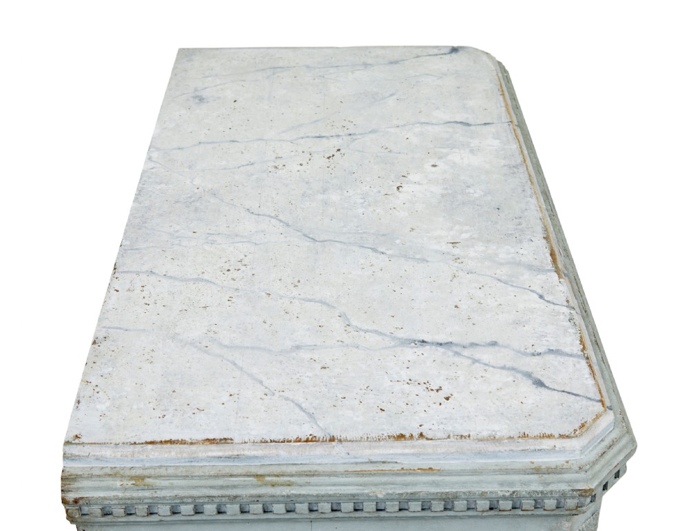 A pair of 19th-century pale blue-grey painted chests of drawers with three drawers each, brass ring handles, fluted corners, and faux marble tops. View VIII