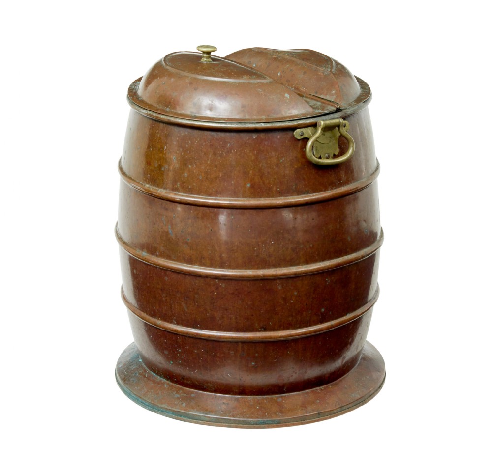 A nineteenth-century barrel-shaped copper water container with horizontal bands, brass handles, and a fitted lid.