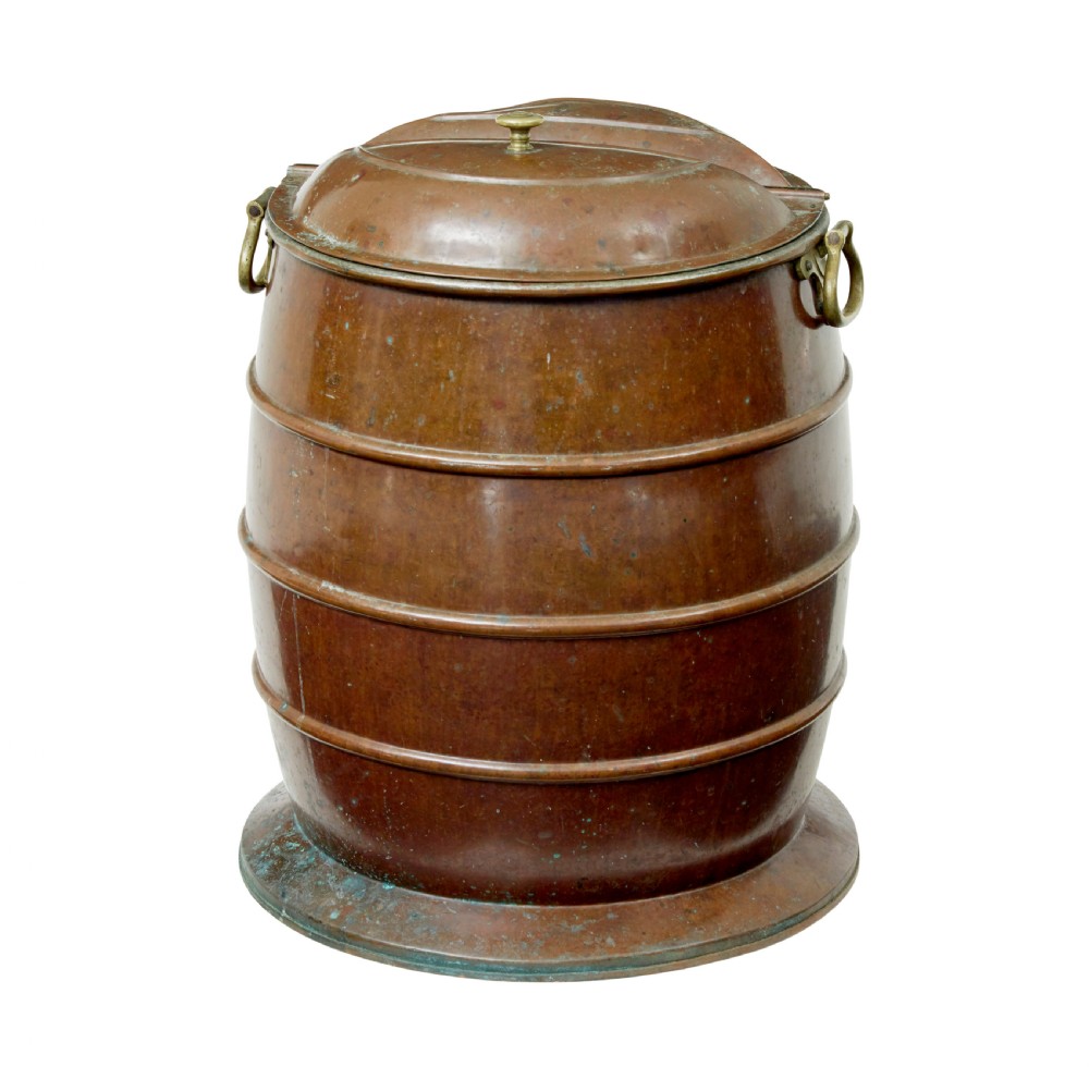 A nineteenth-century barrel-shaped copper water container with horizontal bands, brass handles, and a fitted lid. View II