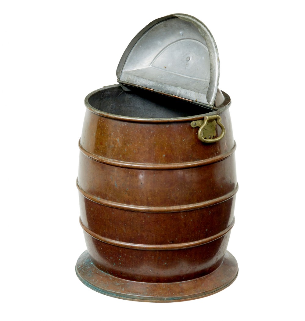 A nineteenth-century barrel-shaped copper water container with horizontal bands, brass handles, and a fitted lid. View III