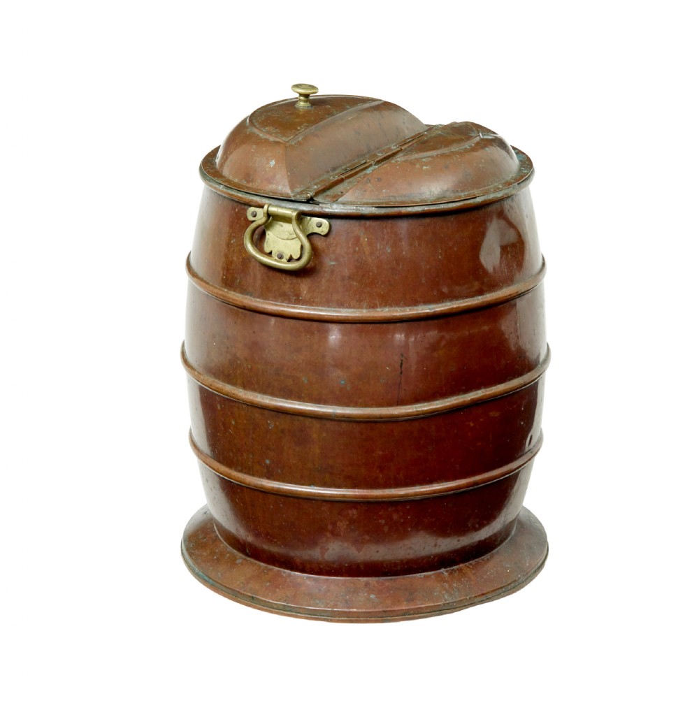 A nineteenth-century barrel-shaped copper water container with horizontal bands, brass handles, and a fitted lid. View IV