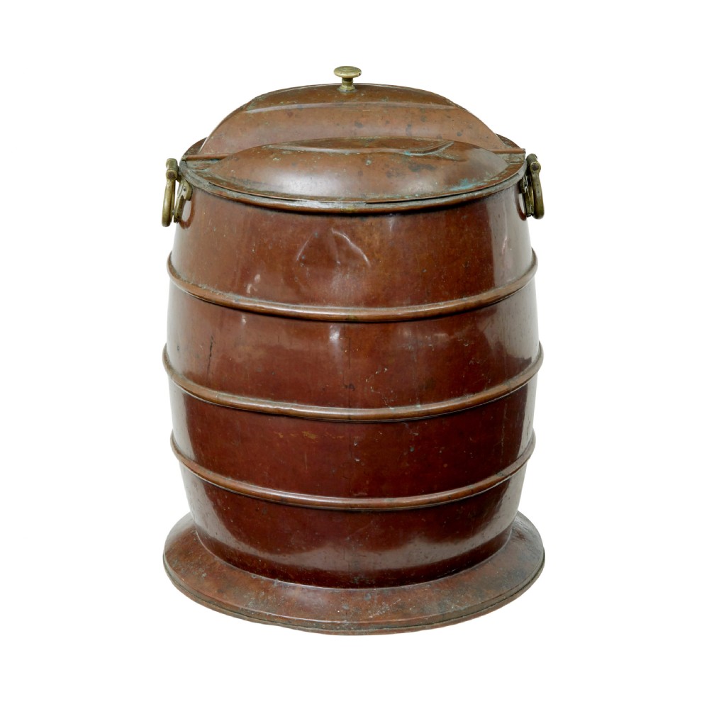 A nineteenth-century barrel-shaped copper water container with horizontal bands, brass handles, and a fitted lid. View V