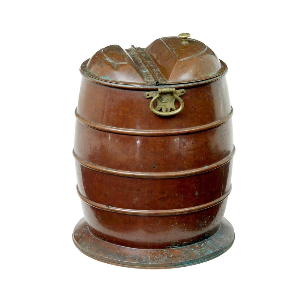 A nineteenth-century barrel-shaped copper water container with horizontal bands, brass handles, and a fitted lid. View VI