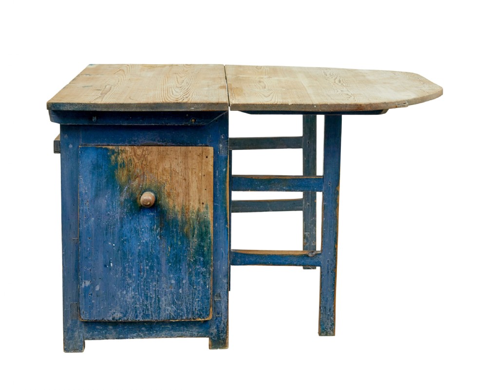 A 19th-century Swedish pine drop-leaf table featuring a raw timber top and a distressed blue painted base with a hinged leaf mechanism. View III