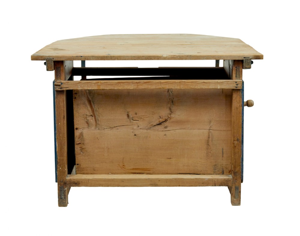 A 19th-century Swedish pine drop-leaf table featuring a raw timber top and a distressed blue painted base with a hinged leaf mechanism. View IV
