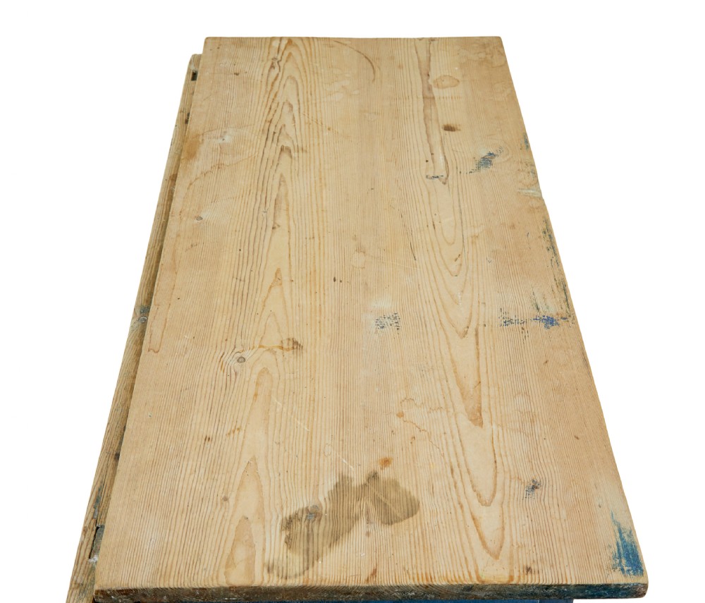 A 19th-century Swedish pine drop-leaf table featuring a raw timber top and a distressed blue painted base with a hinged leaf mechanism. View VII