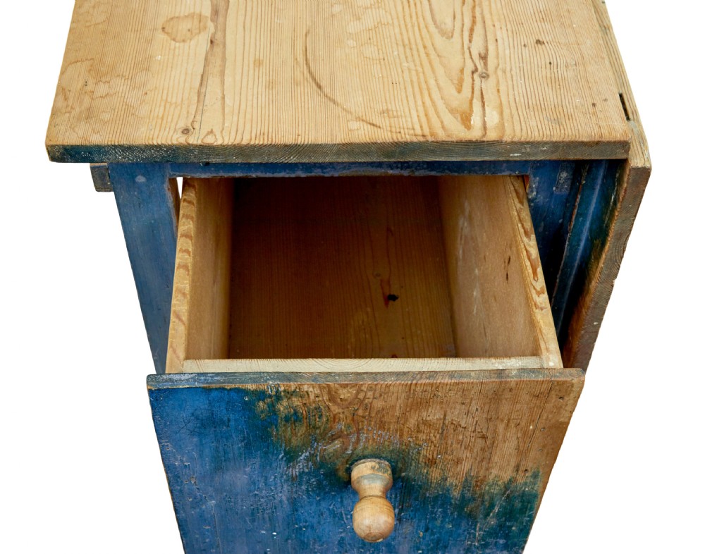 A 19th-century Swedish pine drop-leaf table featuring a raw timber top and a distressed blue painted base with a hinged leaf mechanism. View VIII