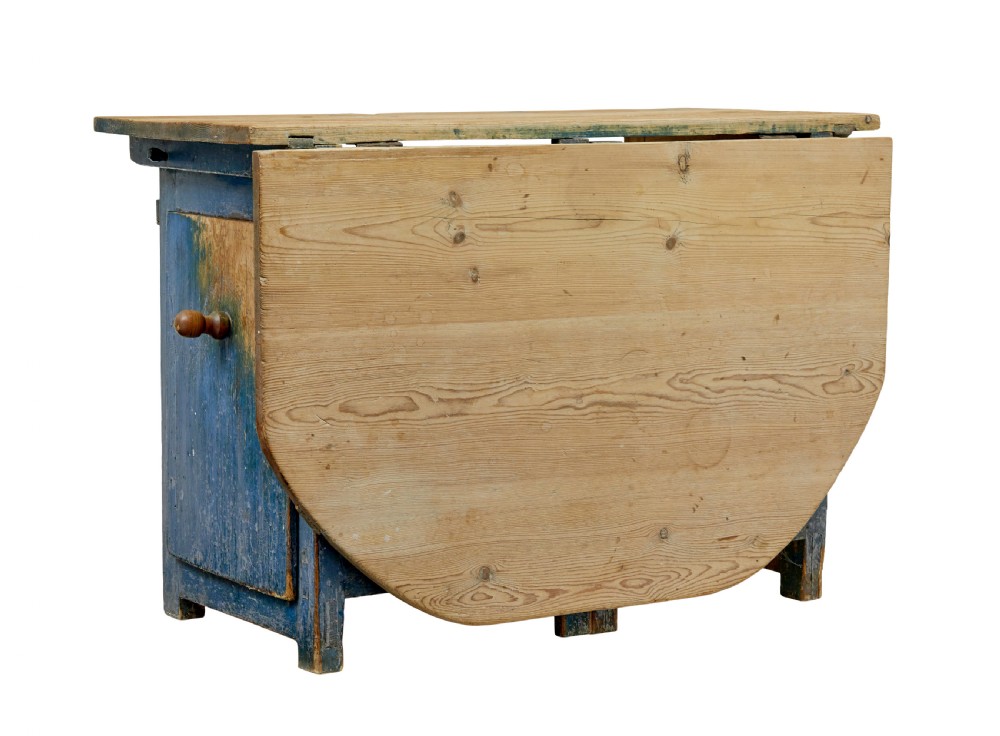 A 19th-century Swedish pine drop-leaf table featuring a raw timber top and a distressed blue painted base with a hinged leaf mechanism. View XI
