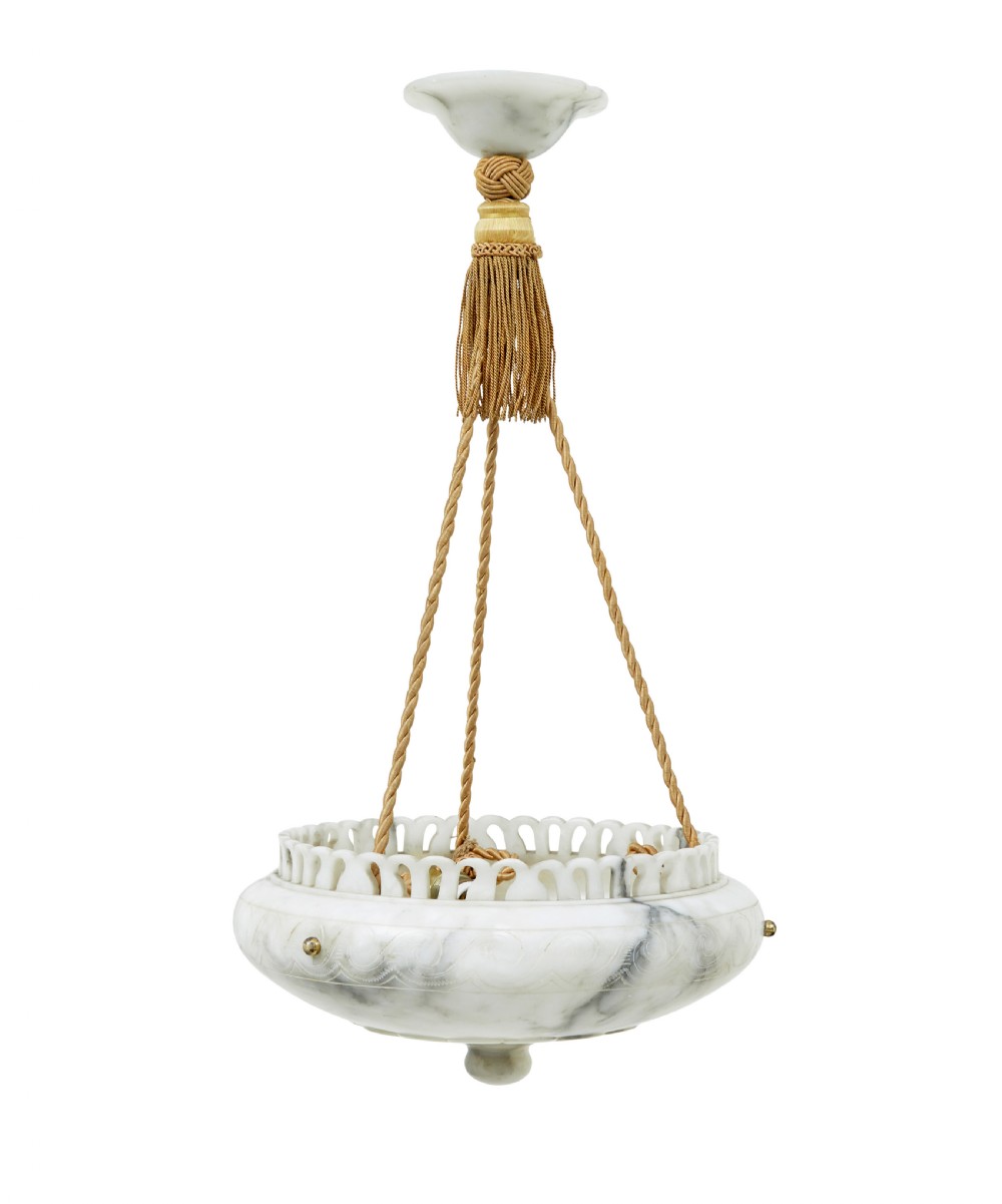 A hand-carved off-white alabaster bowl ceiling light suspended by braided cords with a decorative tassel and matching top rose. View II