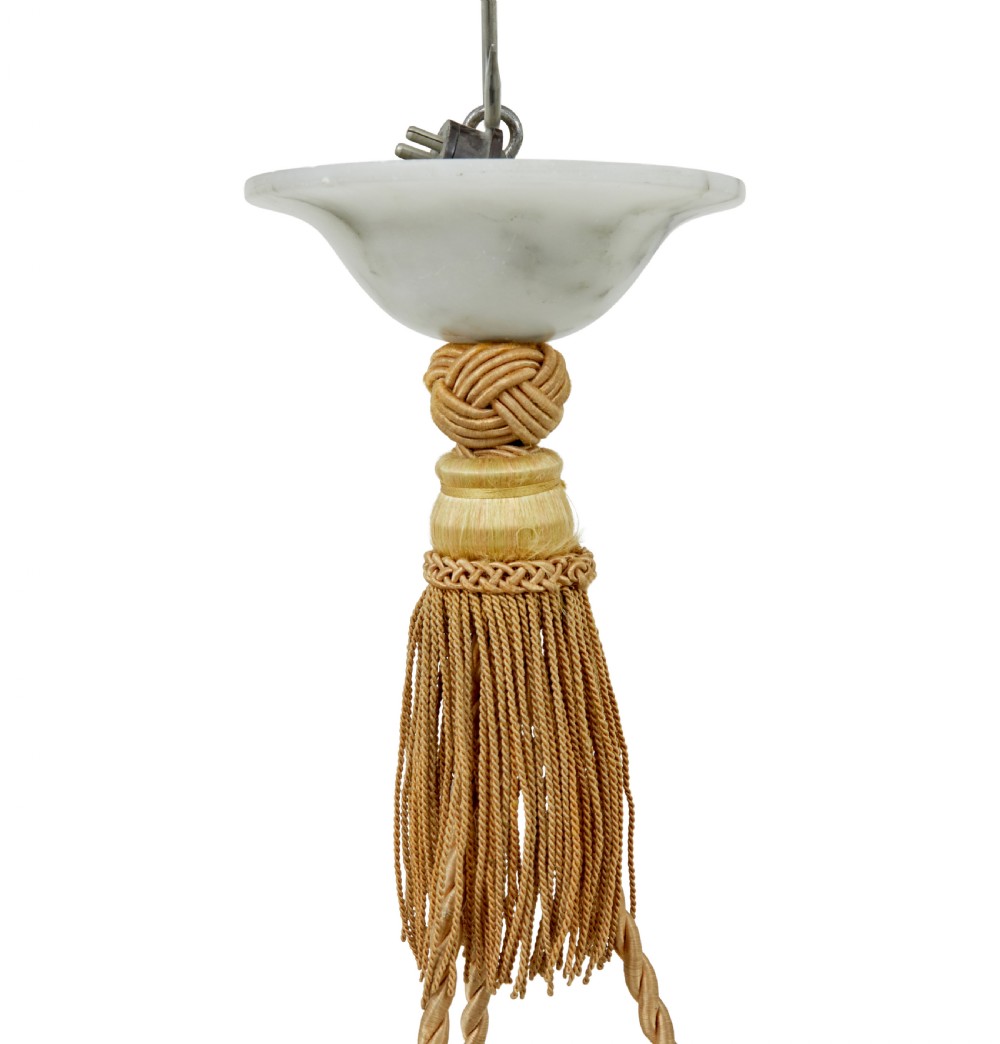 A hand-carved off-white alabaster bowl ceiling light suspended by braided cords with a decorative tassel and matching top rose. View VI