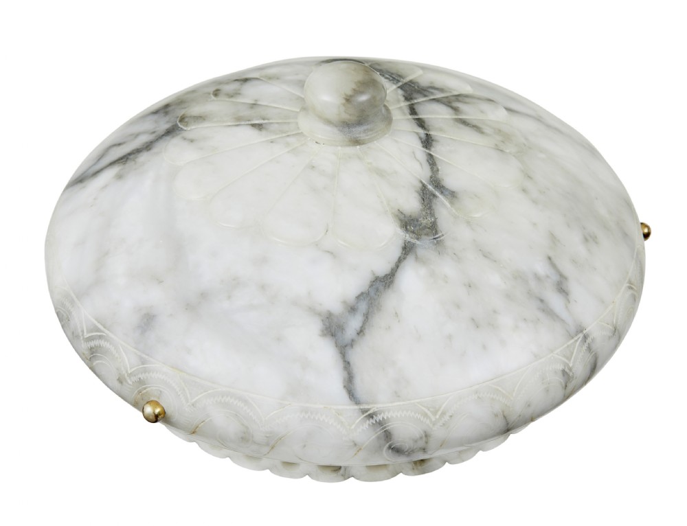 A hand-carved off-white alabaster bowl ceiling light suspended by braided cords with a decorative tassel and matching top rose. View IX